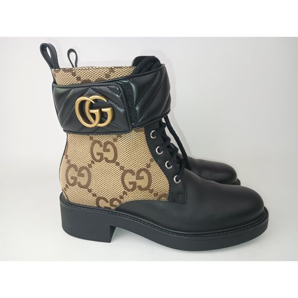 Gucci Women's Beige Ebony Black Jumbo GG Canvas Leather Logo Boots Size 37.5